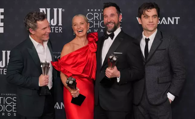 Shawn Hatosy, from left, Katherine LaNasa, winner of the award for best supporting actress in a drama for "The Pitt," Noah Wyle, winner of the award for best actor in a drama for "The Pitt," and Patrick Bell pose with the award for best drama series for "The Pitt" in the press room during the 31st Annual Critics Choice Awards on Sunday, Jan. 4, 2026, at The Barker Hanger in Santa Monica, Calif. (Photo by Jordan Strauss/Invision/AP)