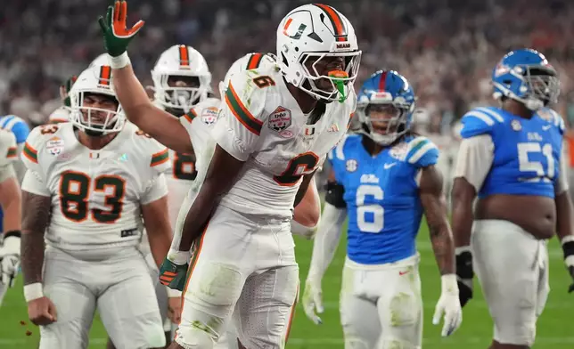 Miami running back Charmar Brown (6) celebrates after scoring a touchdown during the first half of the Fiesta Bowl NCAA college football playoff semifinal game against Mississippi, Thursday, Jan. 8, 2026, in Glendale, Ariz. (AP Photo/Ross D. Franklin)
