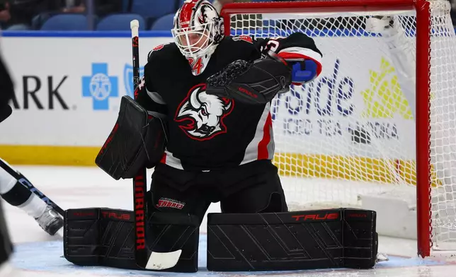 Buffalo Sabres goaltender Alex Lyon makes a glove save during the second period of an NHL hockey game against the Los Angeles Kings, Thursday, Jan. 29, 2026, in Buffalo, N.Y. (AP Photo/Jeffrey T. Barnes)