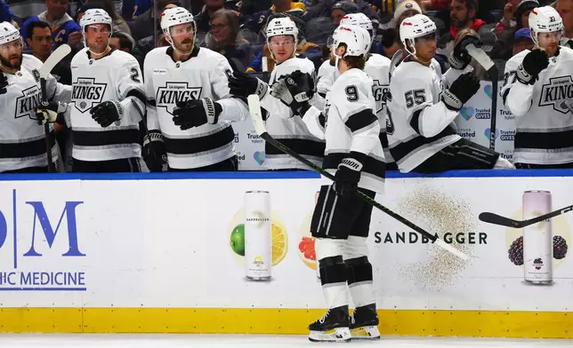 Los Angeles Kings right wing Adrian Kempe (9) celebrates his goal during the second period of an NHL hockey game against the Buffalo Sabres, Thursday, Jan. 29, 2026, in Buffalo, N.Y. (AP Photo/Jeffrey T. Barnes)