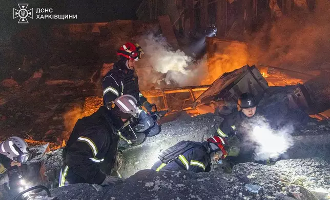 In this photo provided by the Ukrainian Emergency Service, emergency services personnel work to extinguish a fire following a Russian attack in Kharkiv, Ukraine, Tuesday, Jan. 13, 2026. (Ukrainian Emergency Service via AP)