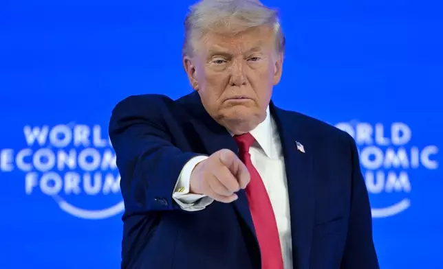 President Donald Trump gestures after his special address during the 56th annual meeting of the World Economic Forum, WEF, in Davos, Switzerland, Wednesday, Jan. 21, 2026. (Gian Ehrenzeller/Keystone via AP)