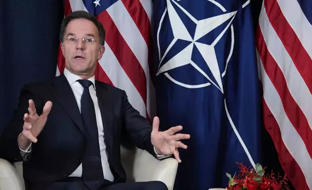 NATO Secretary General Mark Rutte speaks during a meeting with President Donald Trump on the sidelines of the Annual Meeting of the World Economic Forum in Davos, Switzerland, Wednesday, Jan. 21, 2026. (AP Photo/Evan Vucci)