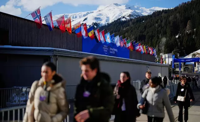 People walk at the Promenade in front of the Congress Center where the Annual Meeting of the World Economy Forum take place in Davos, Switzerland, Monday, Jan. 19, 2026. (AP Photo/Markus Schreiber)