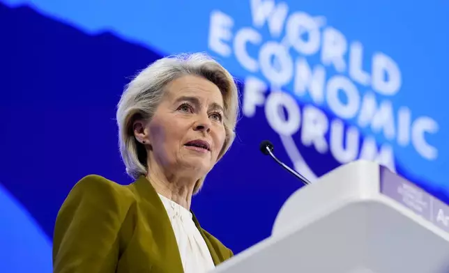 President of the European Commission Ursula von der Leyen talks during the Annual Meeting of the World Economic Forum in Davos, Switzerland, Tuesday, Jan. 20, 2026. (AP Photo/Markus Schreiber)