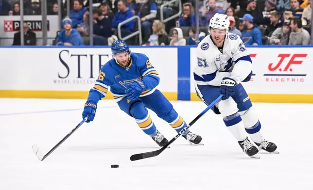 Tampa Bay Lightning's Charle-Edouard D'Astous (51) passes the puck while under pressure from St. Louis Blues' Nathan Walker, left, during the second period of an NHL hockey game Friday, Jan. 16, 2026, in St. Louis. (AP Photo/Connor Hamilton)