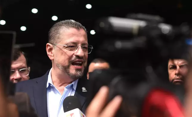 FILE - Costa Rican President Rodrigo Chaves speaks during a news conference regarding the seizure of four tons of drugs, at an air base in San Jose, Costa Rica, Friday, Nov. 28, 2025. (AP Photo/Jose Diaz, File)
