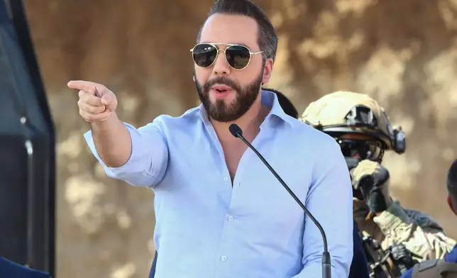 El Salvador's President Nayib Bukele speaks during the groundbreaking ceremony of a high security prison accompanied by the Costa Rican president, in Alajuela, Costa Rica, Wednesday, Jan. 14, 2026. (AP Photo/Carlos Leon)