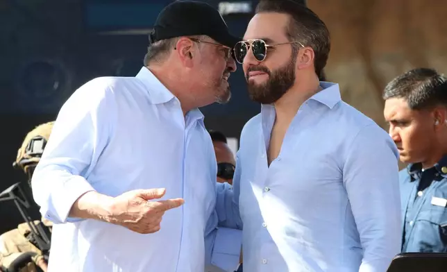 Costa Rica's President Rodrigo Chaves, left, and El Salvador's President Nayib Bukele attend a groundbreaking ceremony of a high security prison in Alajuela, Costa Rica, Wednesday, Jan. 14, 2026. (AP Photo/Carlos Leon)