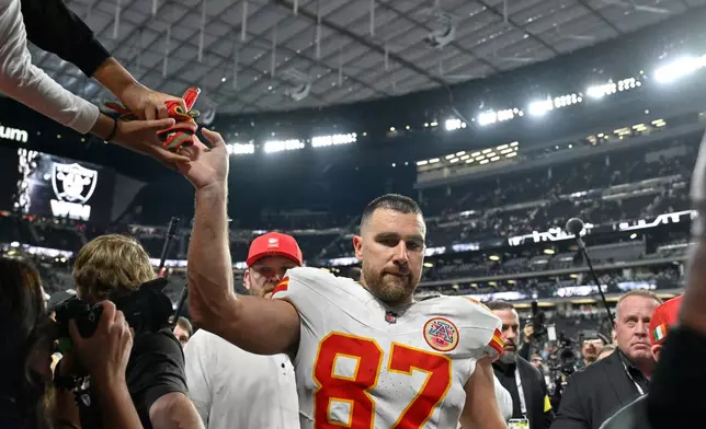 Kansas City Chiefs tight end Travis Kelce heads off the field following an NFL football game against the Las Vegas Raiders Sunday, Jan. 4, 2026, in Las Vegas. (AP Photo/David Becker)