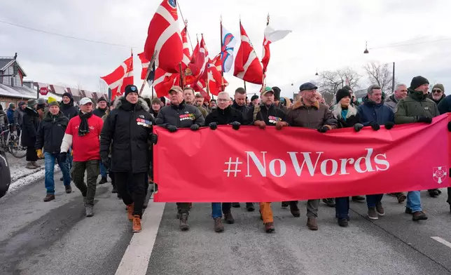 Hundreds of Danish veterans, many of whom fought alongside U.S. troops, stage a silent protest as they march" from Kastellet in Copenhagen to the American embassy in Copenhagen on Saturday, Jan. 31, 2026. (Emil Helms/Ritzau Scanpix via AP)