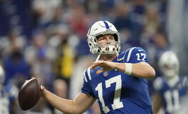 Indianapolis Colts quarterback Philip Rivers warms up before an an NFL football game against the Jacksonville Jaguars Sunday, Dec. 28, 2025, in Indianapolis. (AP Photo/AJ Mast)