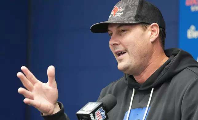 Indianapolis Colts quarterback Philip Rivers speaks during a news conference following an NFL football game against the Jacksonville Jaguars Sunday, Dec. 28, 2025, in Indianapolis. (AP Photo/AJ Mast)