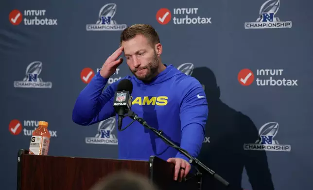Los Angeles Rams head coach Sean McVay speaks during a news conference after the NFC Championship NFL football game against the Seattle Seahawks, Sunday, Jan. 25, 2026, in Seattle. (AP Photo/John Froschauer)