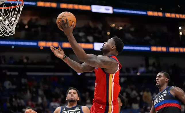 New Orleans Pelicans forward Zion Williamson goes to the basket against the Detroit Pistons in the first half of an NBA basketball game, Wednesday, Jan. 21, 2026, in New Orleans. (AP Photo/Gerald Herbert)