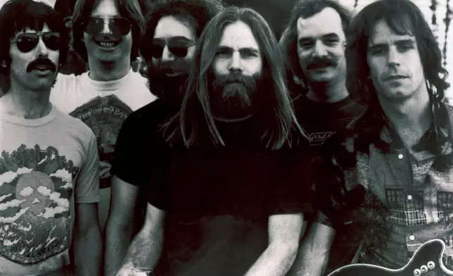 FILE - This undated file photo shows members of the Grateful Dead band, from left to right, Mickey Hart, Phil Lesh, Jerry Garcia, Brent Mydland, Bill Kreutzmann, and Bob Weir. (AP Photo/File)
