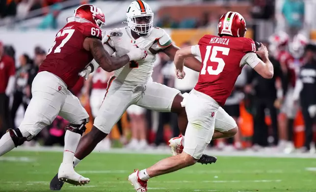 Indiana quarterback Fernando Mendoza looks to pass against Miami during the first half of the College Football Playoff national championship game, Monday, Jan. 19, 2026, in Miami Gardens, Fla. (AP Photo/Lynne Sladky)
