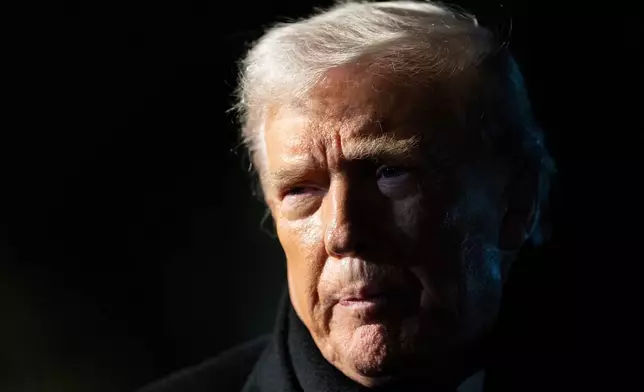 FILE - President Donald Trump speaks before departing on Marine One from the South Lawn of the White House, Jan. 20, 2026, in Washington. (AP Photo/Alex Brandon, File)