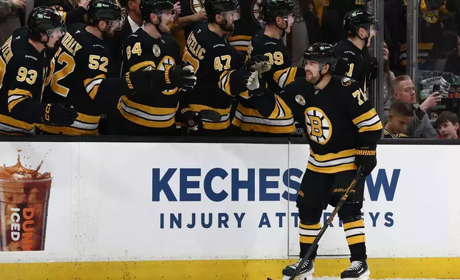 Boston Bruins' Viktor Arvidsson is congratulated at the bench after scoring against the Seattle Kraken during the first period of an NHL hockey game Thursday, Jan. 15, 2026, in Boston. (AP Photo/Winslow Townson)
