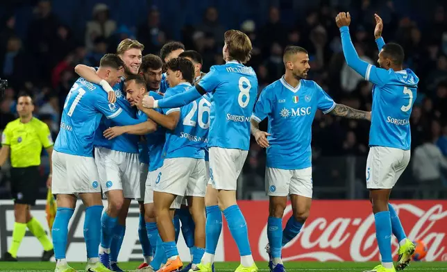 Napoli's Stanislav Lobotka celebrates after scoring the opening goal during the Serie A soccer match between Napoli and Sassuolo in Naples, Italy, Saturday, Jan. 17, 2026. (Alessandro Garofalo/LaPresse via AP)