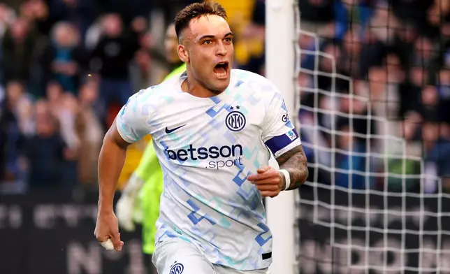 Inter Milan's Lautaro Martinez celebrates after scoring his side's opening goal, during the Serie A soccer match between Udinese and Inter, in Udine, Italy, Saturday, Jan. 17, 2026. (Andrea Bressanutti/LaPresse via AP)