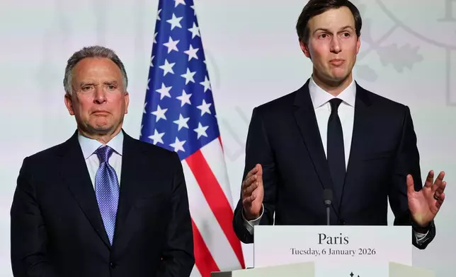FILE - US envoy Steve Witkoff, left, and US businessman Jared Kushner attend a press conference after the signing of the declaration on deploying post-ceasefire force in Ukraine during the 'Coalition of the Willing' summit on security guarantees for Ukraine, at the Elysee Palace in Paris, Tuesday, Jan 6, 2026. (Ludovic Marin, Pool photo via AP, File)