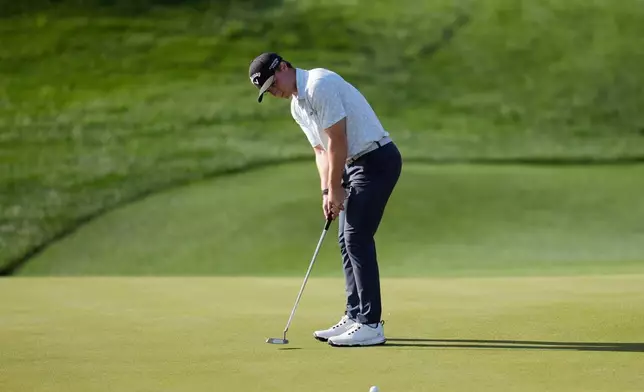 Blades Brown misses a birdie putt at the second hole during the third round of the American Express golf event on the Pete Dye Stadium Course at PGA West Saturday, Jan. 24, 2026, in La Quinta, Calif. (AP Photo/Ross D. Franklin)