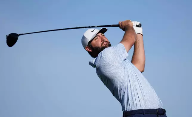 Scottie Scheffler hits his tee shot at the 16th hole during the final round of the American Express golf event on the Pete Dye Stadium Course at PGA West Sunday, Jan. 25, 2026, in La Quinta, Calif. (AP Photo/Ross D. Franklin)