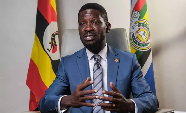 Uganda's leading opposition presidential candidate, Bobi Wine, speaks in an interview with The Associated Press at the National Unity Platform party office in Kampala, Uganda, Thursday, Jan. 1, 2026. (AP Photo/Hajarah Nalwadda)