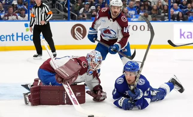 Colorado Avalanche goaltender Scott Wedgewood (41) pushes the puck away from Tampa Bay Lightning center Dominic James (17) after a save during the second period of an NHL hockey game Tuesday, Jan. 6, 2026, in Tampa, Fla. (AP Photo/Chris O'Meara)