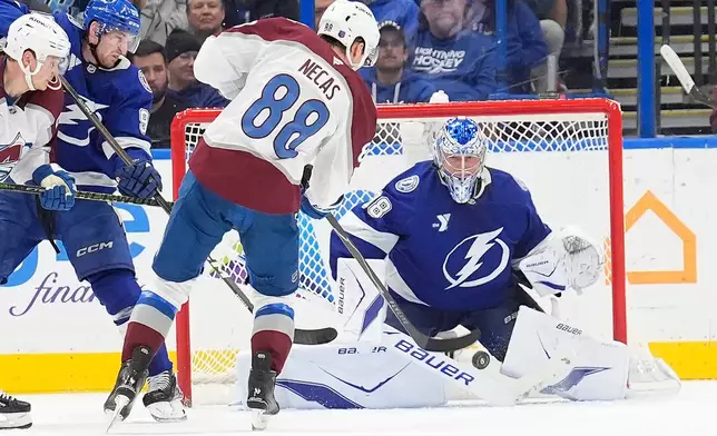 Tampa Bay Lightning goaltender Andrei Vasilevskiy (88) makes a save on a shot by Colorado Avalanche center Martin Necas (88) during the second period of an NHL hockey game Tuesday, Jan. 6, 2026, in Tampa, Fla. (AP Photo/Chris O'Meara)