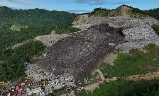 An aerial view of a huge mound of garbage that collapsed at a waste segregation facility in Binaliw, Cebu city on Friday, Jan. 9, 2026. (AP Photo/Jacqueline Hernandez)
