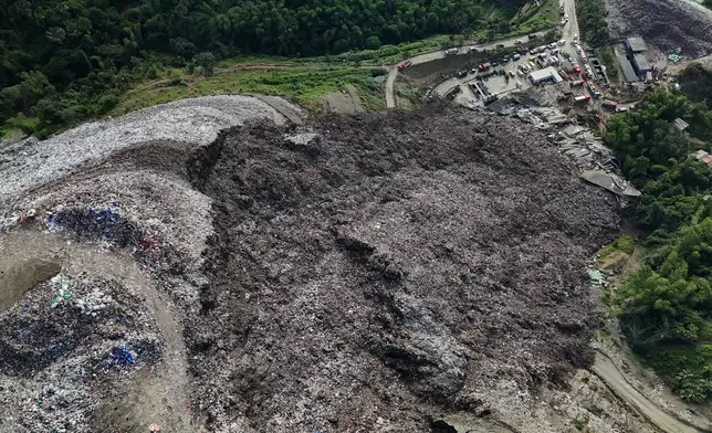 An aerial view after a huge mound of garbage collapsed at a waste segregation facility in Binaliw, Cebu city on Friday, Jan. 9, 2026. (AP Photo/Jacqueline Hernandez)