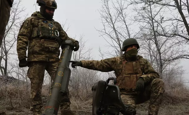 In this photo provided by Ukraine's 65th Mechanized Brigade press service, soldiers prepare a MILAN, a Franco-German anti-tank missile system, during a drill close to the frontline on the site of heavy battles with the Russian troops in the Zaporizhzhia region, Ukraine, Sunday, Jan. 4, 2026. (Andriy Andriyenko/Ukraine's 65th Mechanized Brigade via AP)