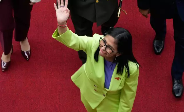 Venezuela's acting President Delcy Rodriguez arrives at the National Assembly in Caracas, Venezuela, Thursday, Jan. 15, 2026. (AP Photo/Ariana Cubillos)