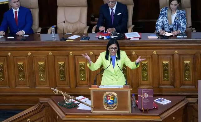 Venezuela's acting President Delcy Rodriguez addresses the National Assembly in Caracas, Venezuela, Thursday, Jan. 15, 2026. (AP Photo/Ariana Cubillos)