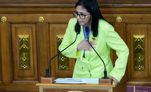 Venezuela's acting President Delcy Rodriguez addresses the National Assembly in Caracas, Venezuela, Thursday, Jan. 15, 2026. (AP Photo/Ariana Cubillos)