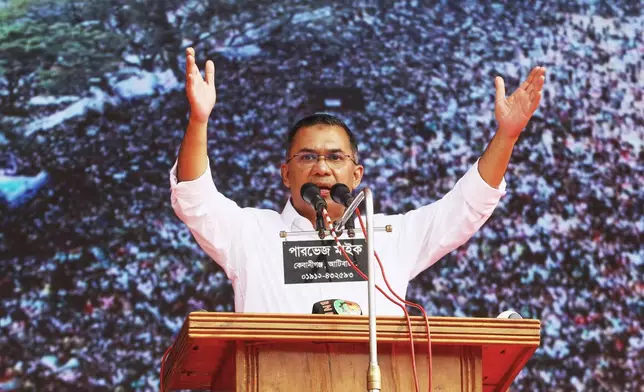 Tarique Rahman, the son of former Prime Minister Khaleda Zia and chairman of the Bangladesh Nationalist Party (BNP), addresses a campaign rally ahead of next month's national elections, in Sylhet, Bangladesh, Thursday, Jan. 22, 2026. (AP Photo/Anis Mahmud)