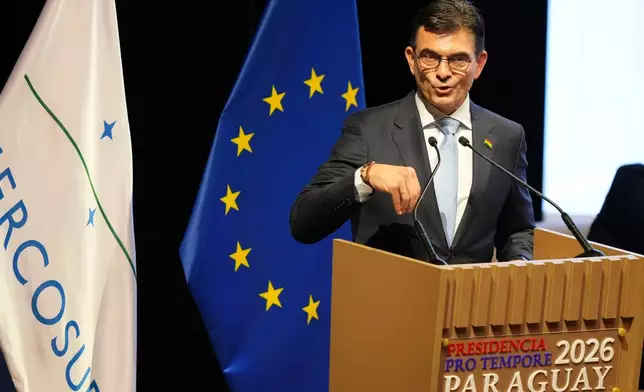 Bolivian President Rodrigo Paz speaks during a meeting to sign a free trade deal between the European Union and Mercosur in Asuncion, Paraguay, Saturday, Jan. 17, 2026. (AP Photo/Jorge Saenz)