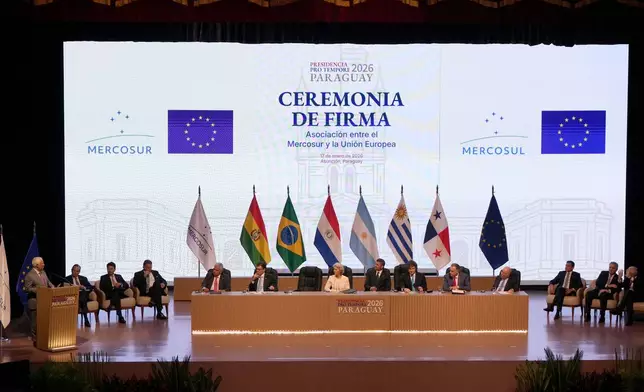 Meeting to sign a free trade deal between the European Union and Mercosur in Asuncion, Paraguay, Saturday, Jan. 17, 2026. (AP Photo/Jorge Saenz)