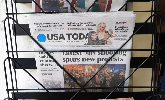 The first issue of the tabloid newspaper The California Post is offered for sale at a bookstore in the Hollywood section of Los Angeles, Monday, Jan. 26, 2026. (AP Photo/Damian Dovarganes)