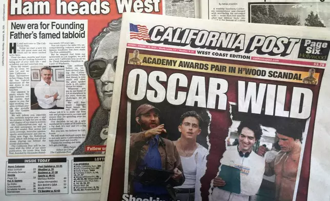 The first issue of the tabloid newspaper The California Post is seen in the Hollywood section of Los Angeles, Monday, Jan. 26, 2026. (AP Photo/Damian Dovarganes)