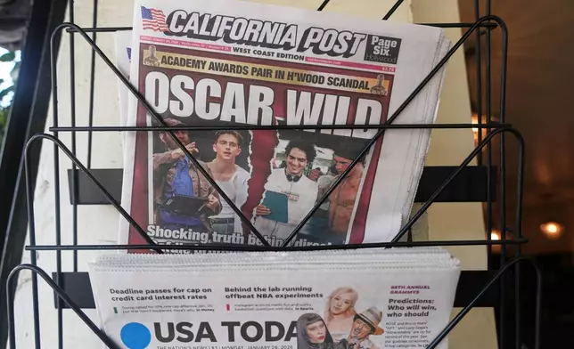 The first issue of the tabloid newspaper The California Post is offered for sale at a bookstore in the Hollywood section of Los Angeles, Monday, Jan. 26, 2026. (AP Photo/Damian Dovarganes)