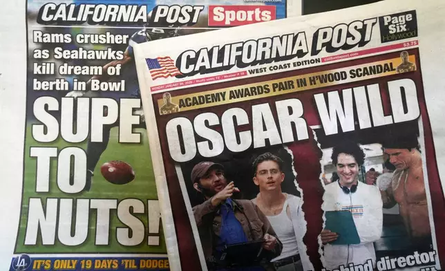 The first issue of the tabloid newspaper The California Post is displayed in the Hollywood section of Los Angeles, Monday, Jan. 26, 2026. (AP Photo/Damian Dovarganes)
