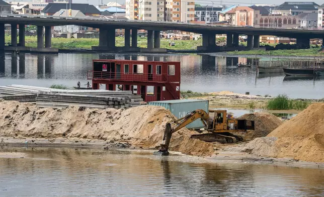 Aerial view of sand dredging near Makoko, a fishing settlement across the third mainland bridge, Lagos, Nigeria, on Saturday, Dec. 6, 2025. (AP Photo/Grace Ekpu)