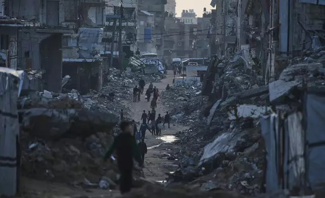 Palestinians walk amid buildings destroyed by Israeli air and ground operations in Gaza City Thursday, Jan. 15, 2026. (AP Photo/Jehad Alshrafi)