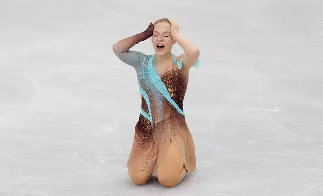 Estonia's Niina Petrokina competes in the Women's Free Skating on day three of the ISU European Figure Skating Championships in Sheffield, Thursday, Friday, Jan. 16, 2026. (Mike Egerton/PA via AP)