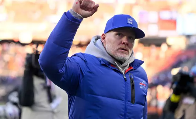 Buffalo Bills head coach Sean McDermott waves to fans after an NFL football game against the Cleveland Browns in Cleveland, Sunday, Dec. 21, 2025. (AP Photo/David Richard)
