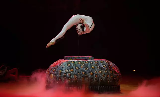 Acrobats from Cirque du Soleil rehearse for a show called "Ovo" at the Royal Albert Hall, in London, Thursday, Jan. 8, 2026. (AP Photo/Kin Cheung)