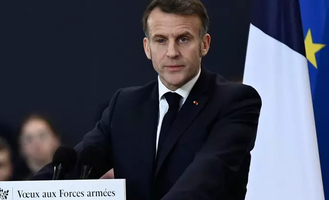 French President Emmanuel Macron delivers a speech as he visits the Istres military air force base, southern France, Thursday, Jan. 15, 2026. (AP Photo/Philippe Magoni, Pool)